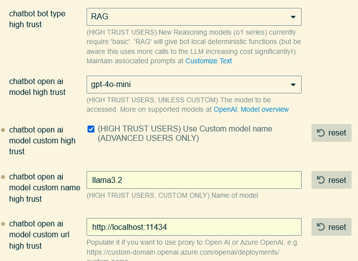 Dieses Bild zeigt einen Screenshot einer Chatbot-Oberfläche mit drei verschiedenen Chatbot-Typen und ihren jeweiligen Chatbot-Open-AI-Modellen: Hohes Vertrauensmodell, Hohes Vertrauensmodell, Benutzerdefinierter Modellname für fortgeschrittene Benutzer, Hohes Vertrauen für Benutzer, Benutzerdefinierter Modellname für fortgeschrittene Benutzer, Hohes Vertrauen für Benutzer, Modellname – (Beschriftet von KI)
