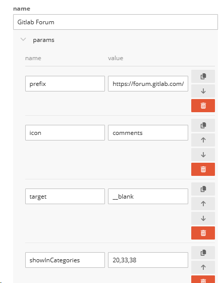 The image shows a configuration interface for a GitLab forum, with fields for prefix, icon, target, and showInCategories. (Captioned by AI)