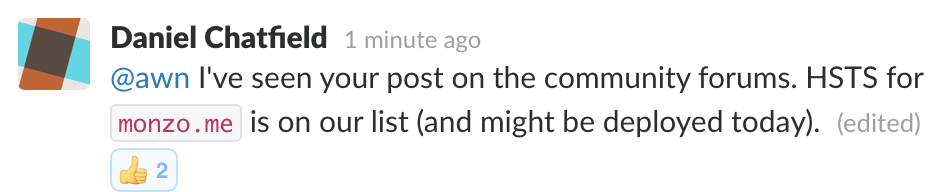 Daniel's comment on the developer Slack